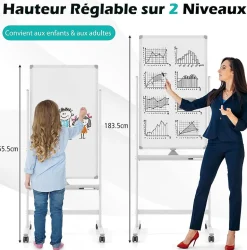 Tableau Blanc Roulant Magnetique 60x100cm avec Hauteur Reglable Double Face Effacable