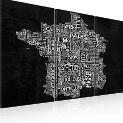 Tableau Cartes du monde Text map of France on the black background - triptych 90x60 cm