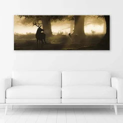 Tableau sur toile, Cerfs dans la forêt Brouillard Marron 120x40 cm