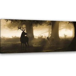 Tableau sur toile, Cerfs dans la forêt Brouillard Marron 90x30 cm