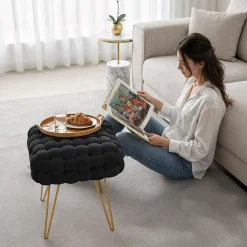 Tabouret en velours tressé rembourré 38 cm DOTTY Noir