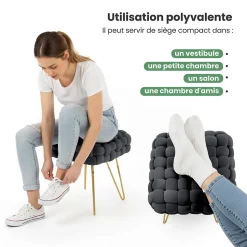 Tabouret en velours tressé rembourré 38 cm DOTTY Noir