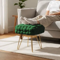 Tabouret en velours tressé rembourré 38 cm DOTTY Vert Bouteille