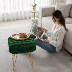 Tabouret en velours tressé rembourré 38 cm DOTTY Vert Bouteille