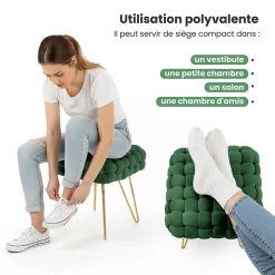 Tabouret en velours tressé rembourré 38 cm DOTTY Vert Bouteille