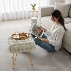 Tabouret en velours tressé rembourré 38 cm DOTTY Crème