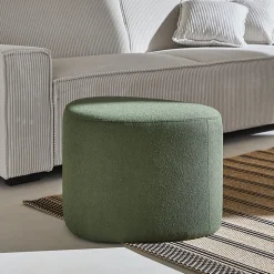 tabouret. pouf en forme de galet en tissu kaki foncé. TAO L 60 x P 44 x H 40cm