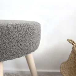 Tabouret rond en bouclettes (45x45x40 cm - Gris)