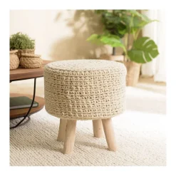 Tabouret rond 40x40cm laine tressée ivoire pieds bois naturel