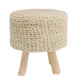 Tabouret rond 40x40cm laine tressée ivoire pieds bois naturel
