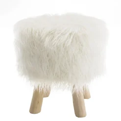 Tabouret rond 40x40cm peau de mouton couleur ivoire pieds bois