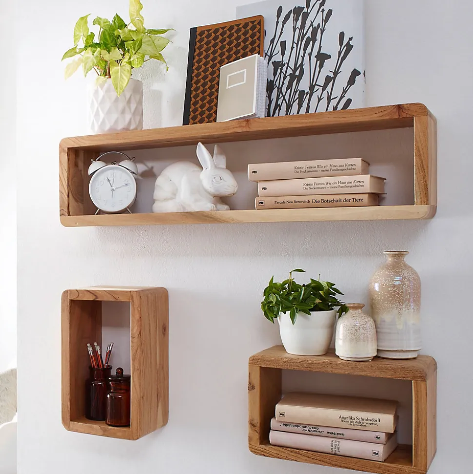 Étagère murale Lot de 3 Bois Massif Étagère en bois Étagère à livres FineBuy