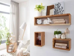 Étagère murale Lot de 3 Bois Massif Étagère en bois Étagère à livres FineBuy