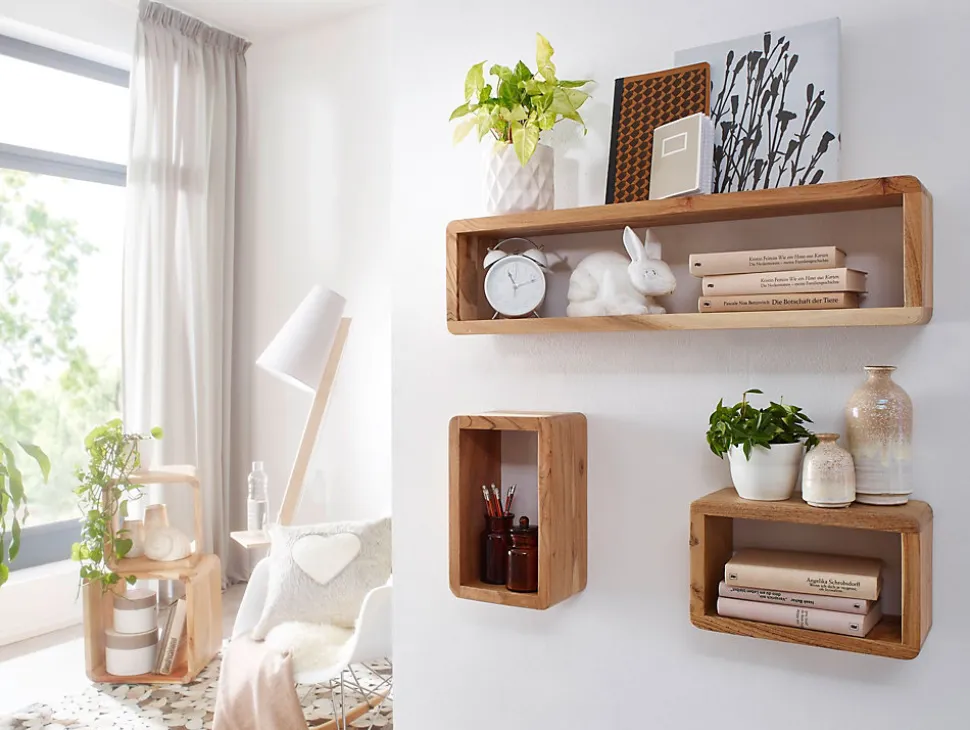 Étagère murale Lot de 3 Bois Massif Étagère en bois Étagère à livres FineBuy