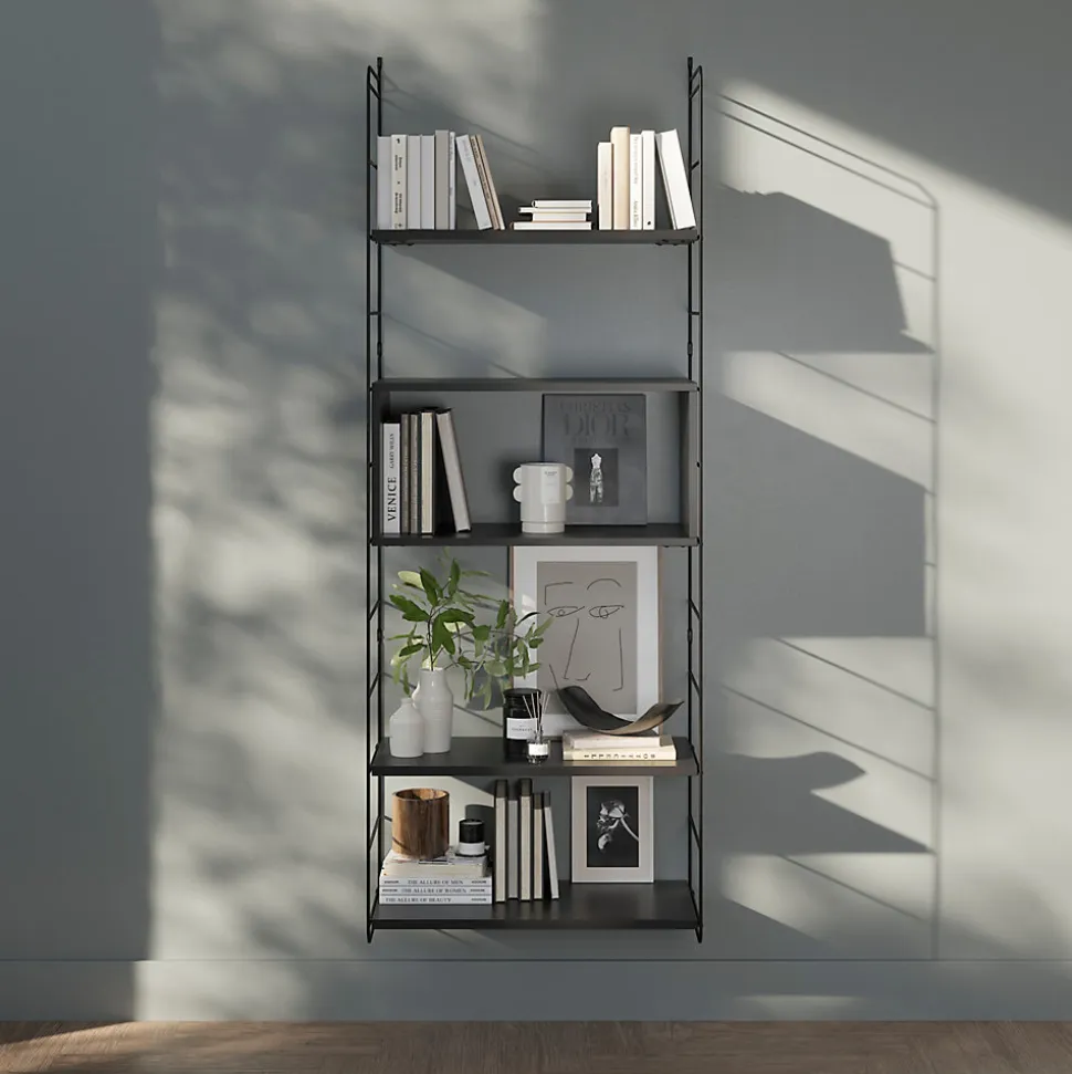 Étagère murale modulable 3 tablettes, étagère rectangulaire et 2 échelles noir GoodHome Rigga H. 171,2 x L. 60 x P. 29 cm