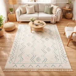 Tapis berbère tissé motif ethnic LYN5 MADIDA, crème, turquoise