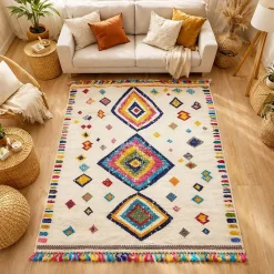 Tapis berbère tissé motif ethnic LYN5 OURIKA F, ivoire