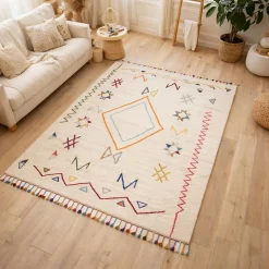 Tapis berbère tissé motif ethnic LYN5 JADIDA, crème, beige, orange, multicolore