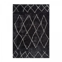 Tapis berbère tissé motif ethnic BERBIOU, noir, blanc