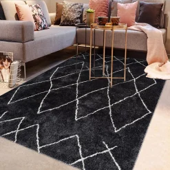 Tapis berbère tissé motif ethnic BERBIOU, noir, blanc