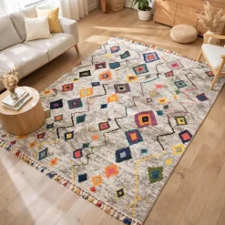 Tapis berbère tissé motif ethnic LYN5 ESSARO, gris, rouge, jaune, bleu, violet