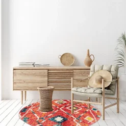 Tapis berbère tissé motifs tribaux LYN5 OURIKA B, bleu, jaune, rose, orange, blanc