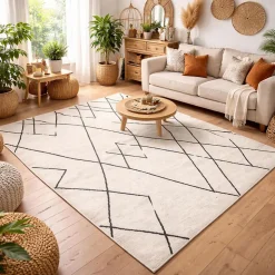 Tapis berbère tissé motifs tribaux NALADON, crème, noir