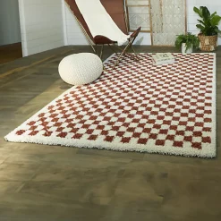 Tapis damier à poils longs - Colorama - Rouge terracotta - 160 x 230 cm