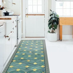 Tapis de Cuisine antidérapant en Vinyle Carreaux Verts et Dorés 120x50