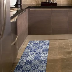 Tapis de Cuisine antidérapant en Vinyle Carreaux de Ciment Bleus 50x120 cm