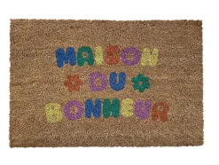 Tapis d'entrée antidérapant en fibre de coco " maison du bonheur " multicouleurs L.60 x l.40cm