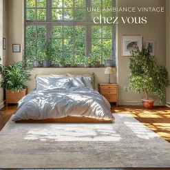 Tapis design vintage à poils courts en laine synthétique et feutre résistant et lavable