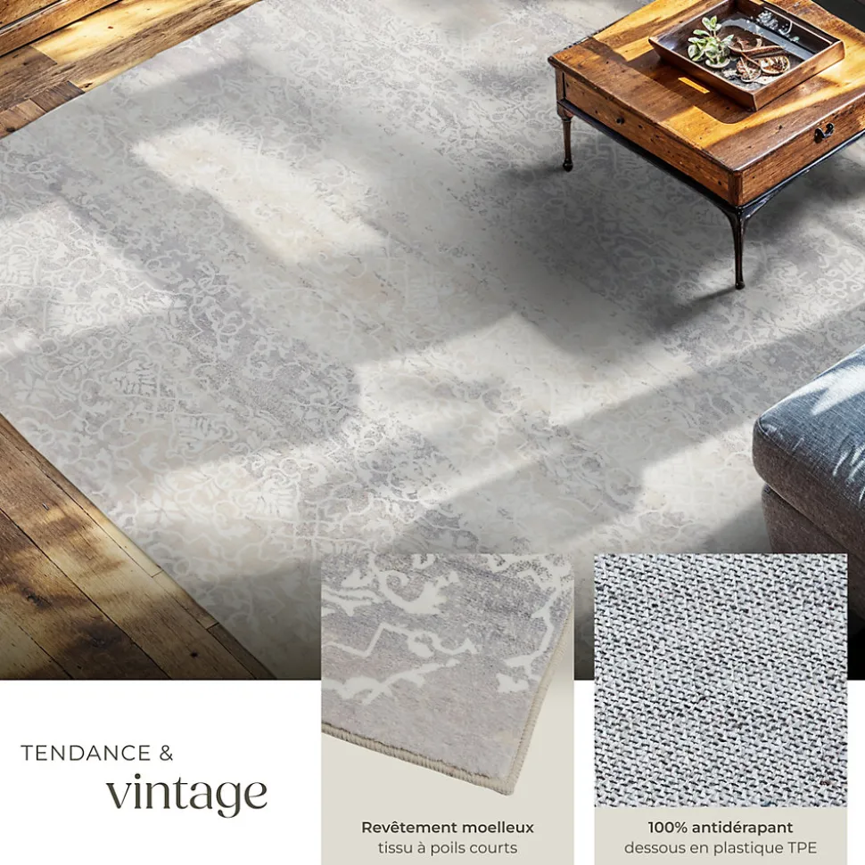 Tapis design vintage à poils courts en laine synthétique et feutre résistant et lavable
