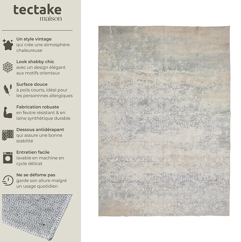 Tapis design vintage à poils courts en laine synthétique et feutre résistant et lavable