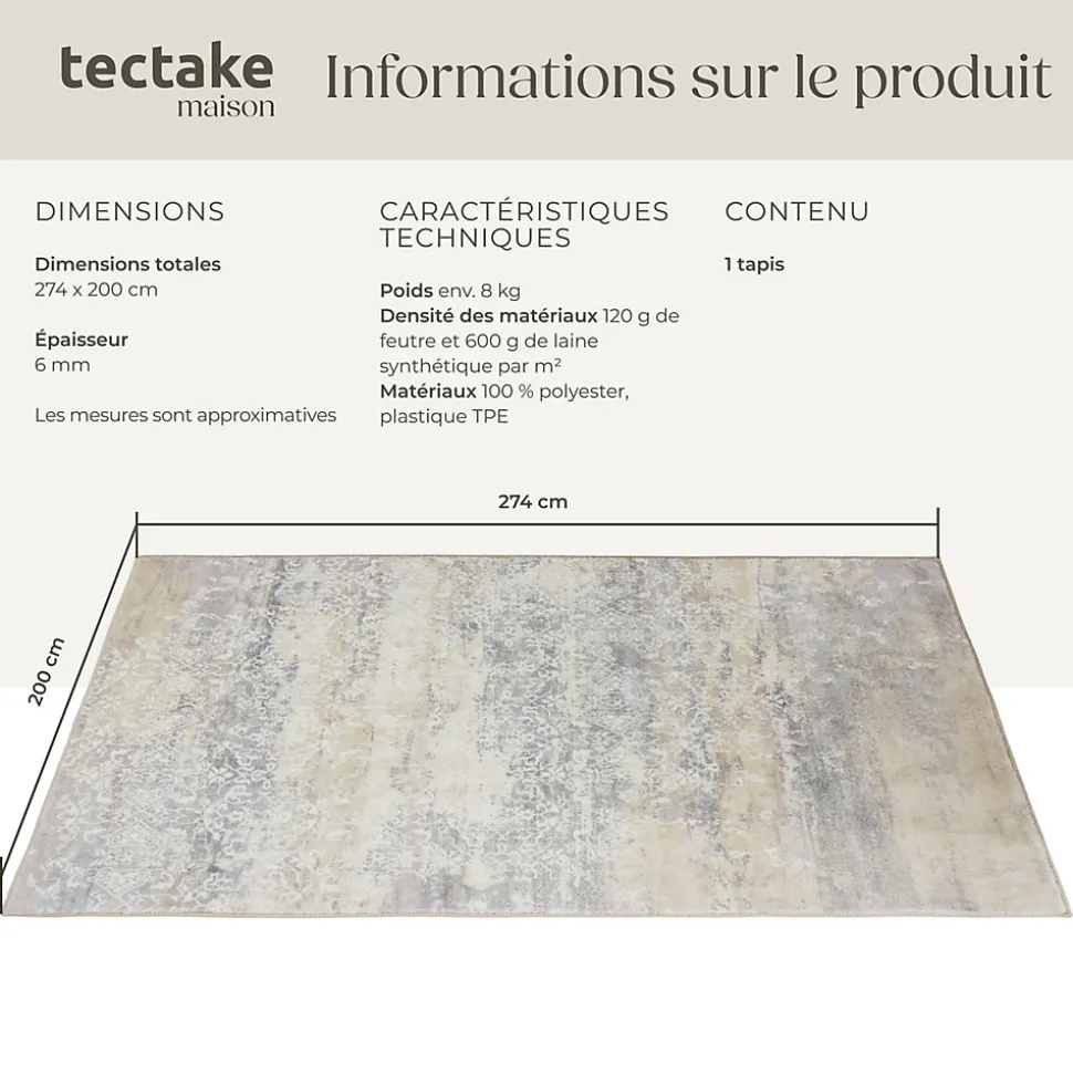 Tapis design vintage à poils courts en laine synthétique et feutre résistant et lavable