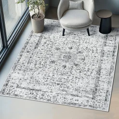 Tapis design vintage à poils courts en laine synthétique et feutre résistant et lavable