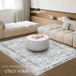 Tapis design vintage à poils courts en laine synthétique et feutre résistant et lavable