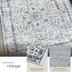 Tapis design vintage à poils courts en laine synthétique et feutre résistant et lavable
