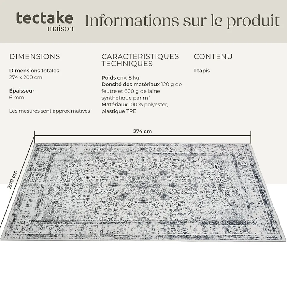 Tapis design vintage à poils courts en laine synthétique et feutre résistant et lavable