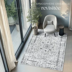 Tapis design vintage à poils courts en laine synthétique et feutre résistant et lavable