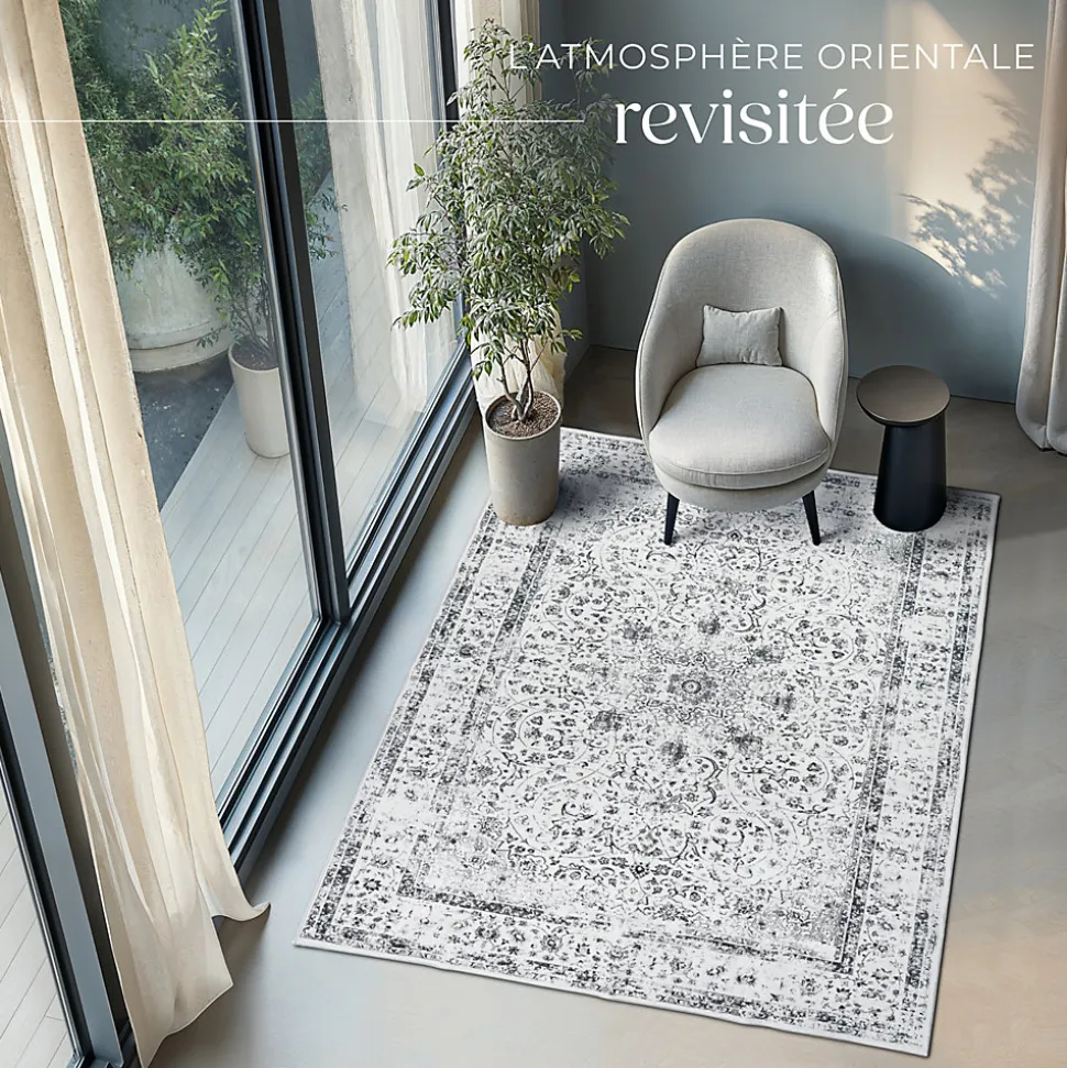 Tapis design vintage à poils courts en laine synthétique et feutre résistant et lavable