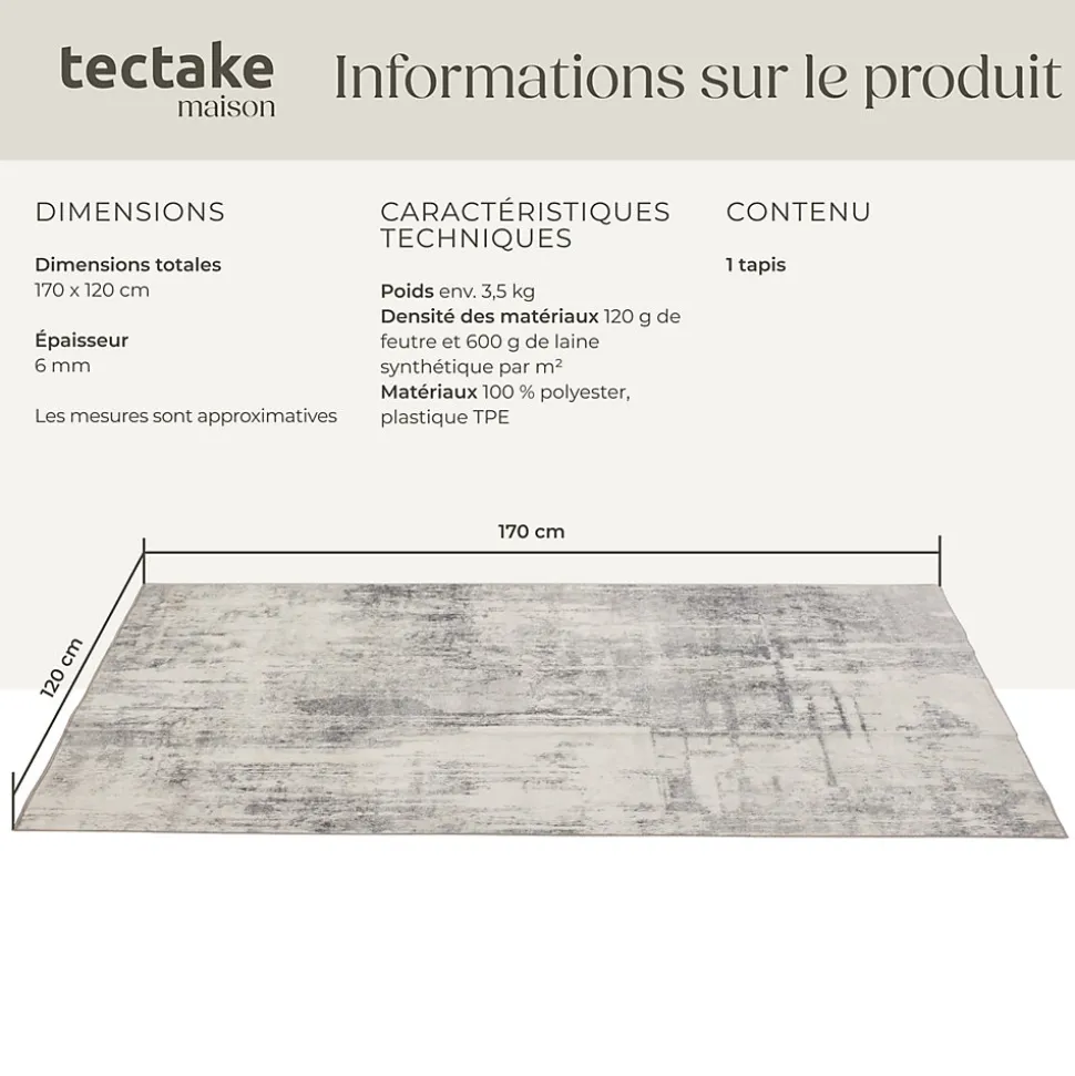 Tapis design vintage à poils courts en laine synthétique et feutre résistant et lavable