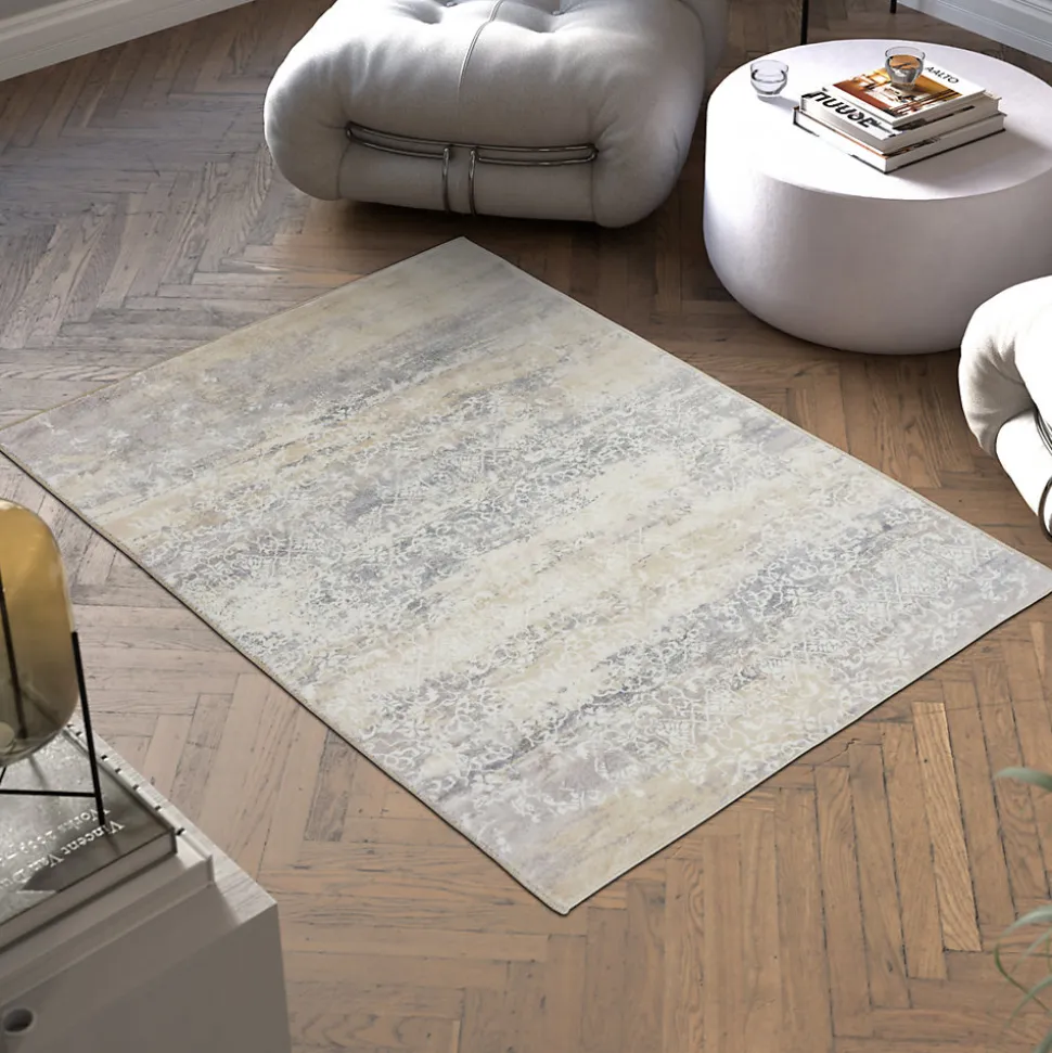 Tapis design vintage à poils courts en laine synthétique et feutre résistant et lavable
