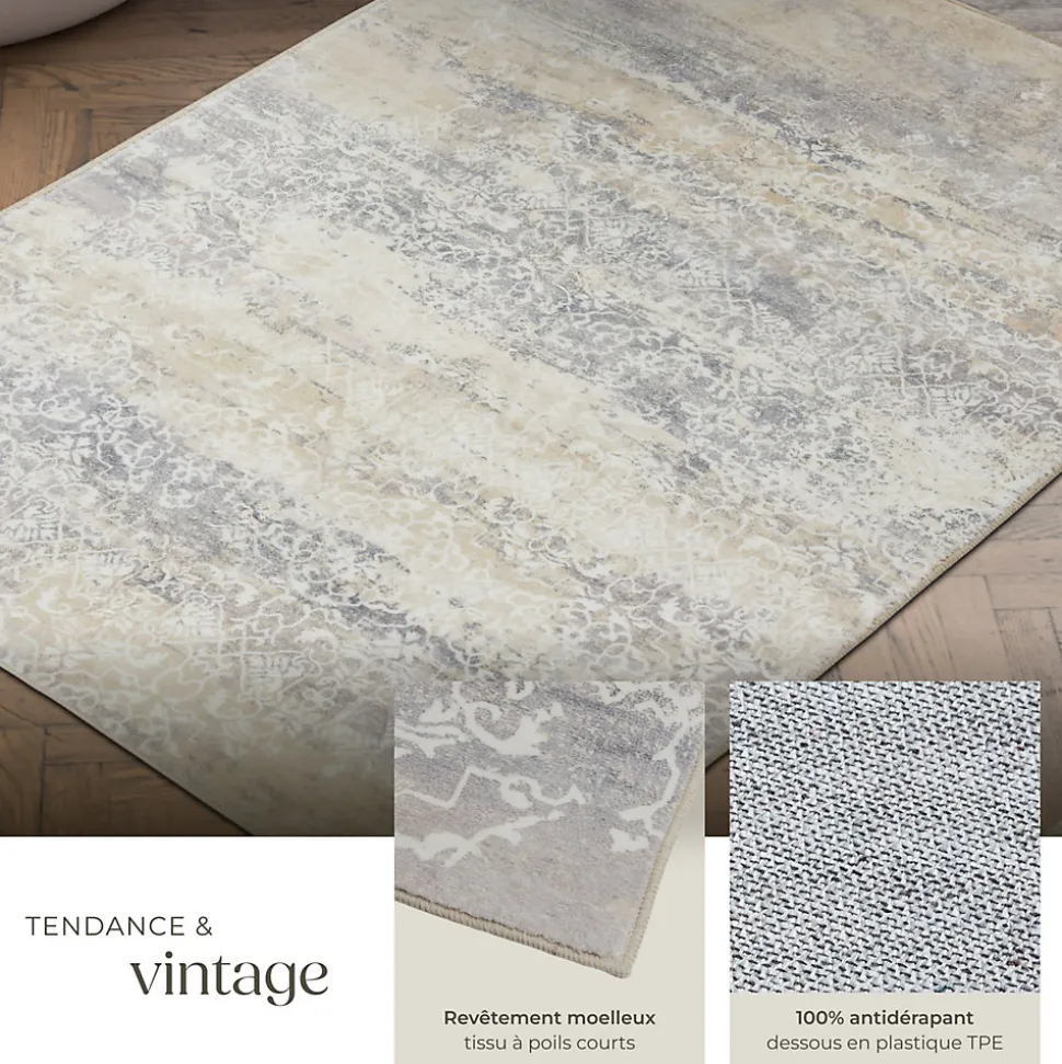 Tapis design vintage à poils courts en laine synthétique et feutre résistant et lavable