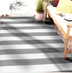 Tapis d'extérieur tissé à rayures gris et blanc L.230 x l.160 cm, Dylrev