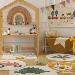 Tapis enfant arc-en-ciel à pompons en fibre naturelle 72x52cm