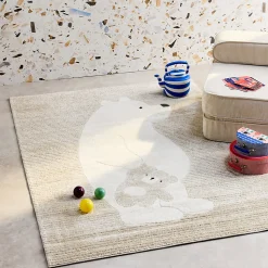 Tapis enfant beige / crème 80 x 150cm. tapis intérieur oursons. poils ras