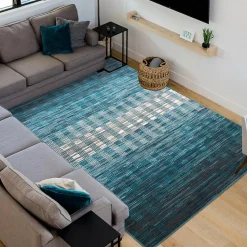 Tapis entrée tissé motif géométrique LYN1 GEOFLOU, bleu, blanc