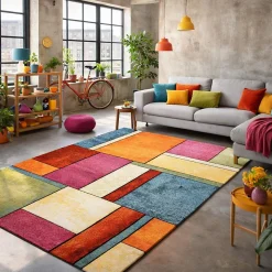 Tapis entrée tissé motif géométrique LYN8 GEOME, Multicolore, rouge, beige, vert