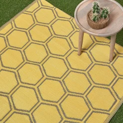 Tapis extérieur terrasse réversible - Tapis de jardin imperméable résistant UV - Nid d'abeille - Jaune - 180x120 cm - HOMESCAPES